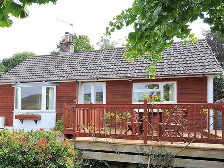 A wooden house with a deck and outdoor furniture surrounded by trees at Charlesmead in Uplyme