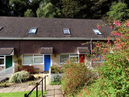 A row of cottages with green blue and red doors and a garden path at 44 Fernhill Heights in Charmouth