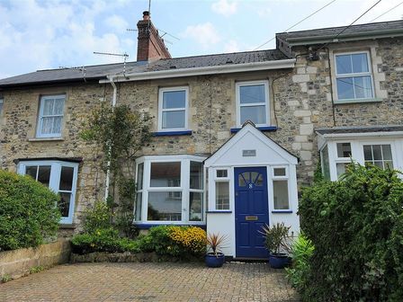Stone fronted terraced house with blue door and windows with a driveway and plants at Ivy Cottage in Beer