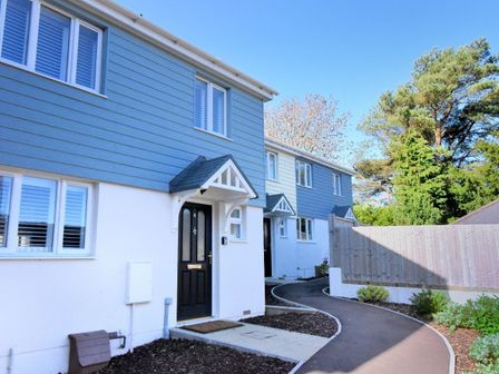 Row of houses with blue and white exterior along a paved walkway with plants and trees in the background at Shire View in Lyme Regis