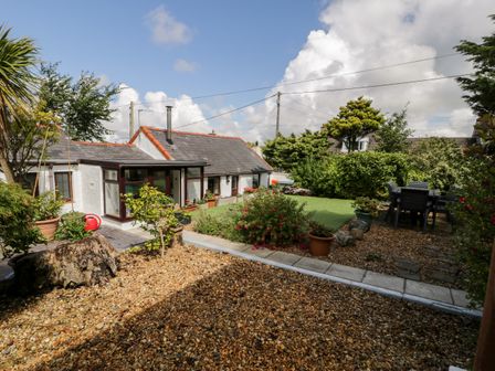 A garden with gravel and paved paths surrounding a small white house with a slate roof at Gull Cottage in Hermon near Newborough