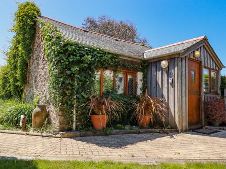 A small stone and wood cottage covered with ivy and potted plants by a paved walkway at Abalone in Bude