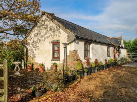 Exterior side view of a single story building with potted plants and a garden area at Burnt Oak Stables in Mynydd Isa