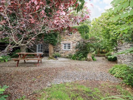 A garden with a wooden picnic table surrounded by trees bushes and gravel near a stone building at The Cottage in St Kew