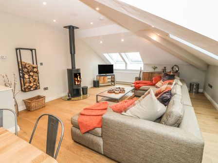 A living room with a gray sofa and orange throws a wood stove and a television under skylight windows at Sardis Chapel 1 in Malltraeth