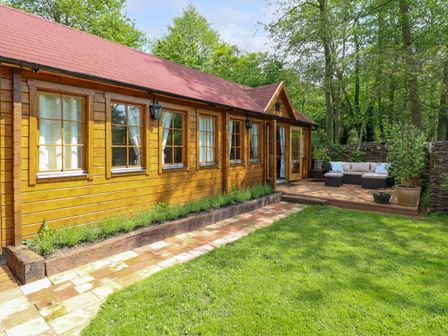 A wooden cabin with multiple windows and a red roof next to a patio with outdoor furniture and a garden with grass and plants at Willow Lodge in Potter Heigham