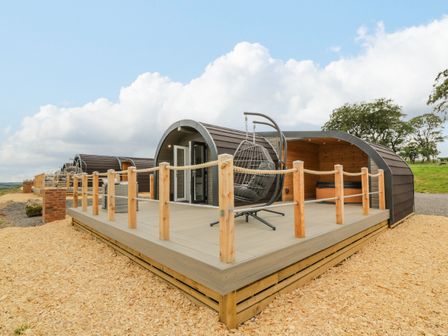 A wooden pod structure with a deck railing and hanging chair outdoors at Laird Lodge 2 in Lochmaben
