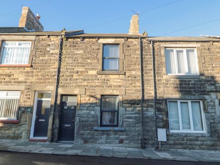 A two story stone terraced house with dark front doors and windows at Redshank in Amble