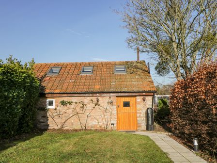 An outdoor view of a small building with a tiled roof three skylights a wooden door stone walls and surrounding trees and bushes at The Forge in Taunton