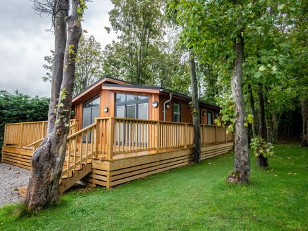 A wooden cabin with a deck surrounded by trees and grass at Bluebell Lodge in Gargrave