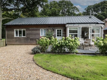 A single story wooden house with a gravel driveway and green plants in front at The Roost in Cheriton near Alresford