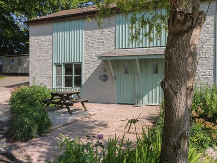 The exterior of a light blue and white building with a wooden picnic table on gravel and a tree in the foreground at Porthallow in Mawnan Smith Near Falmouth
