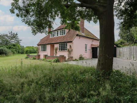 A pink house with a tiled roof behind a large tree and a grassy yard at Ash Tree Cottage Aldringham