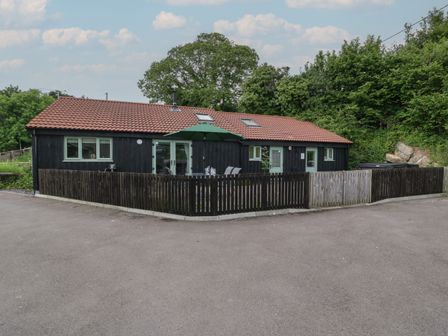 A single story building with a tiled roof and fenced patio with an umbrella and chairs surrounded by trees at Bottom Lodge in Penhow