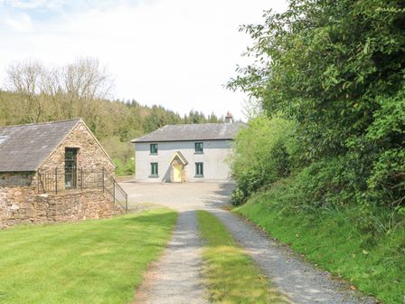 A gravel driveway leading to a two-story house with a yellow door and a stone building on the left surrounded by grass and trees at Coffey's in Ballymacarbry County Waterford