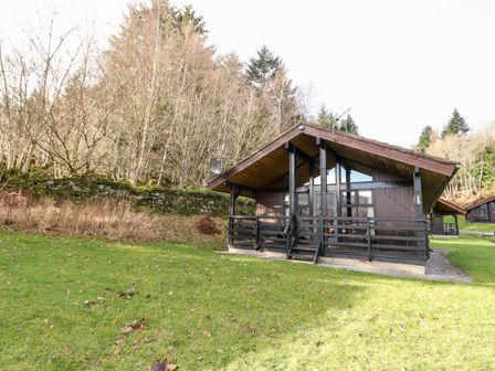 A wooden cabin with a front porch in a grassy area near trees at Firbush Lodge in Killin
