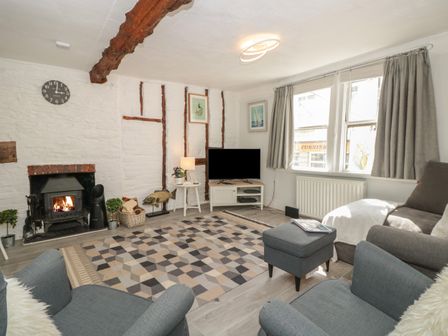 A living room with a fireplace a TV a patterned rug and armchairs at Ocello in Dartmouth