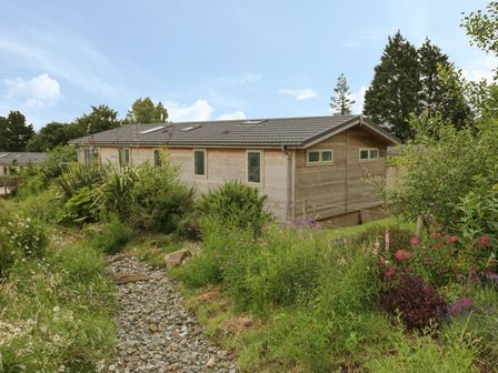 A wooden house with multiple windows surrounded by plants and a rocky pathway at 7 Faraway Fields in Dobwalls