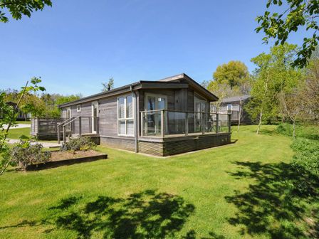 A wooden cabin with a glass railing on a deck surrounded by grass and trees at 19 Meadow Retreat in Dobwalls