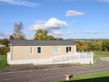 A beige mobile home with white railing and ramp surrounded by green grass and trees at Chestnut Lodge in Teigngrace near Newton Abbot