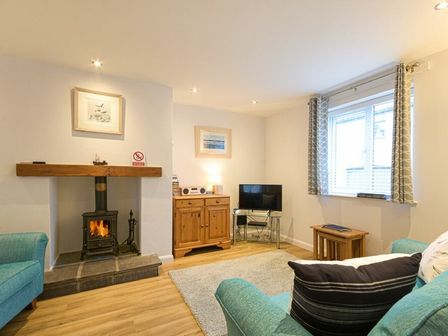 A living room with a wood stove fireplace two blue sofas a wooden cabinet a tv on a stand and a window with curtains at Braidcarr Cottage in Seahouses