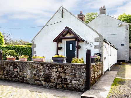A white house with a stone wall and flower pots at Swallows Cottage nr Warkworth in Acklington
