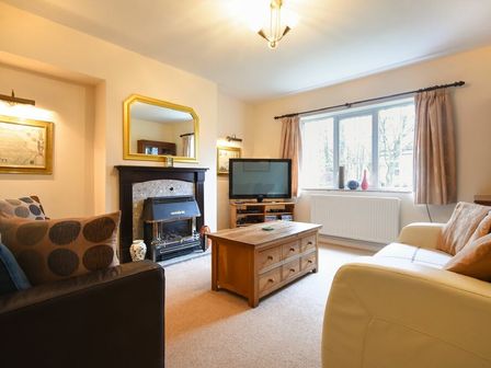 A living room with a fireplace television coffee table and two sofas at Castle View Warkworth