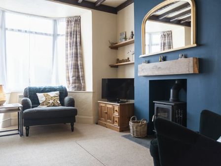 A living room with a blue wall fireplace mirror armchairs TV and window at Kittiwake Cottage Seahouses
