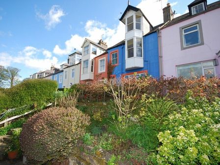 A row of colorful houses with bay windows and a garden with shrubs and plants in front at Estuary View in Alnmouth