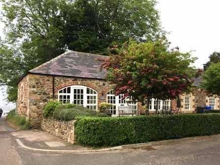 Stone cottage with white framed windows and a tiled roof surrounded by bushes and a tree with pink flowers at Lapwing Cottage in Bamburgh