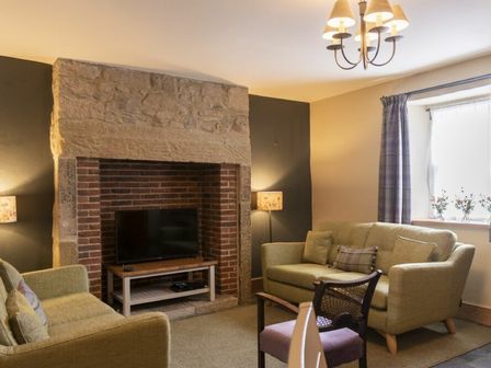 A living room with two green sofas a chair a TV in a brick fireplace and a window at Cheshill Cottage in Alnmouth