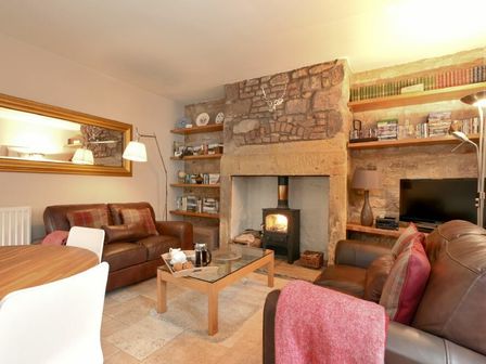 A living room with leather sofas a glass coffee table a wood burning stove bookshelves and a television at Coquet Cottage Warkworth