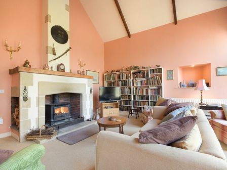 A living room with a fireplace a television bookshelves and sofas at Craster Tower Coach House in Craster
