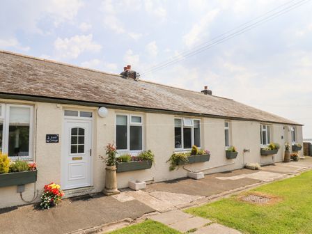 Exterior view of a long single-story cottage with flower boxes under windows at South Cottage Howick in Craster
