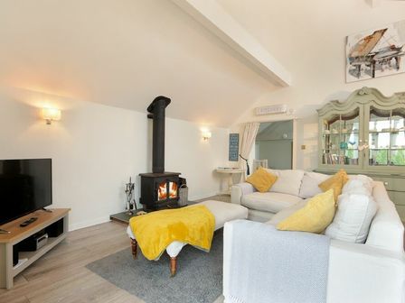 A living room with a wood burning stove a television a gray rug and beige sofas with yellow cushions at The Snug in Embleton