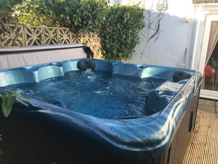 An outdoor hot tub with water and jets next to a wall with ivy and a door at Pebble Reef in Easton Portland
