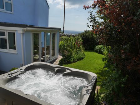 An outdoor hot tub next to a blue house with glass doors and a garden with grass and bushes at Fisherman's Cottage in Southwell