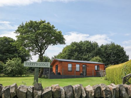 A wooden lodge with a sign reading Harry's Lodge on a lawn with trees and a stone wall at Harry's Lodge in Ashover