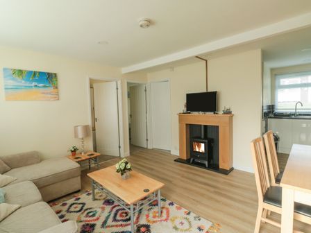 A living room with a sofa coffee table fireplace and dining table at The Bolthole in Dartmouth