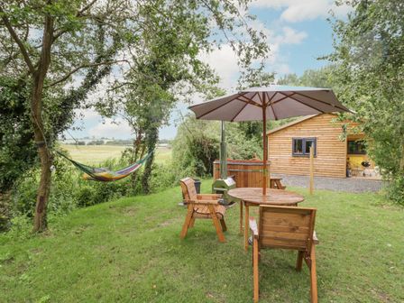 An outdoor garden area with wooden chairs a table with umbrella a hammock trees and a wooden cabin at Dragonfly in Dunchurch
