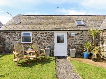 A stone cottage exterior with a white door two wooden chairs with table on grass and potted plants at Cowshed Cilan near Abersoch