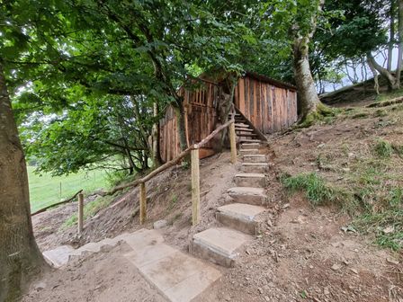 Stone steps with rustic wooden handrail leading up a dirt slope to a wooden cabin surrounded by trees at Tree House in Oakford near Aberaeron