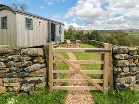 A wooden shepherds hut with an open door behind a wooden gate and stone wall with chairs and table on grass at Sheep Cote Shepherds Hut in Chop Gate near Stokesley