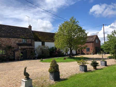 A gravel driveway with potted plants leading to a group of brick and white cottages with trees around at Little Stables Cottage in Spetisbury