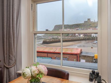 A window with raindrops showing a coastal view with buildings and a hill in the background at Madelines View in Whitby