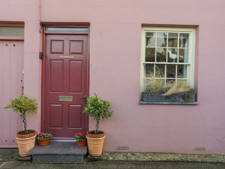 A red door with potted plants and flowers on each side and a window with grasses and a bird decoration on a pink wall at Seagull Cottage in Beaumaris
