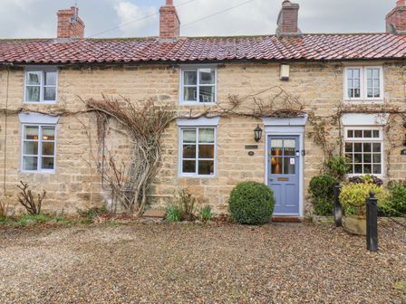 A stone cottage with a blue front door three windows and climbing plants outside at Riseholme in Ebberston