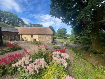 A garden with flowers and a thatched cottage at The Threshing Barn in Highampton