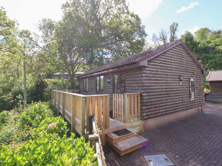 A log cabin with wooden deck and stairs surrounded by trees and bushes at Chalet Log Cabin L2 in Combe Martin