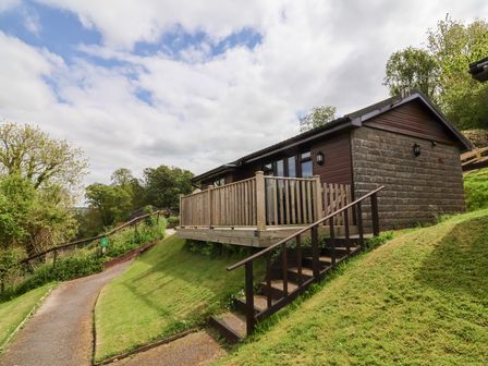A cabin with a wooden deck on a grassy slope near a path at Chalet Log Cabin C11 in Combe Martin